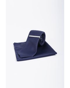 House Of Cavani CV201 Plain Tie With Pocket Square And Tie Pin-NAVY